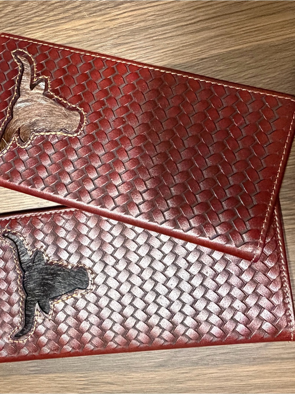 Woven Leather Checkbook Cover - Rustic Red with Western Horse Applique